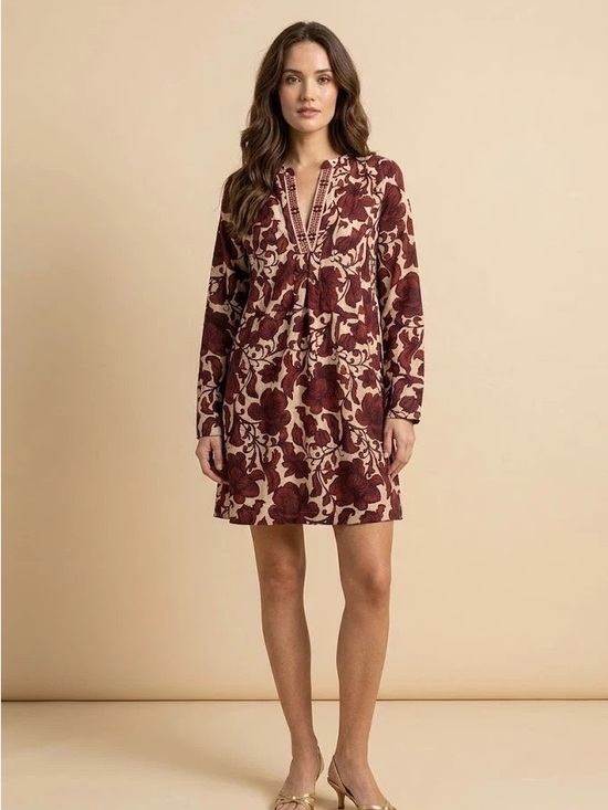 Johnny Was Dresses & Skirts - Johnny Was Red Burgundy and Cream Long Sleeve Floral Boho Dress Size L